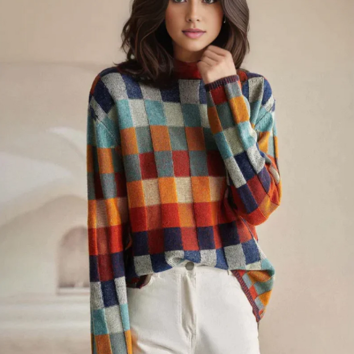 Adalynn | Farverig rullekravesweater med patchwork-strikkemønster