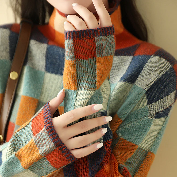 Adalynn Farverig rullekravesweater med patchwork-strikkemønster