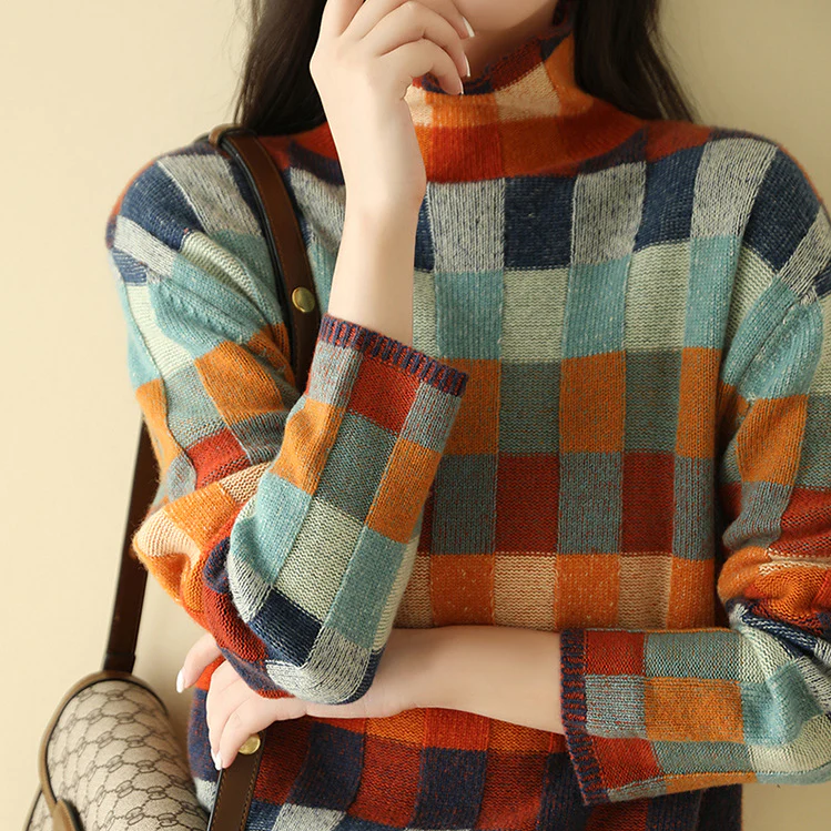Adalynn Farverig rullekravesweater med patchwork-strikkemønster