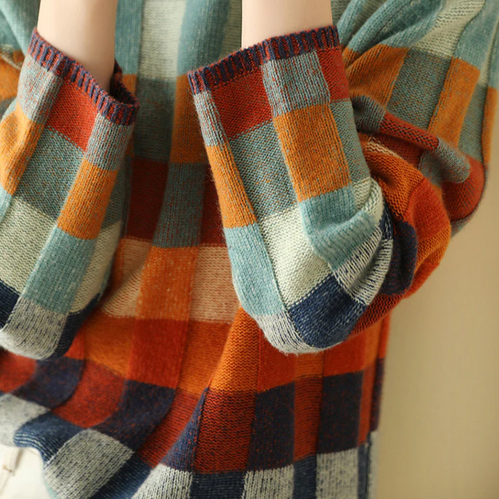 Adalynn Farverig rullekravesweater med patchwork-strikkemønster